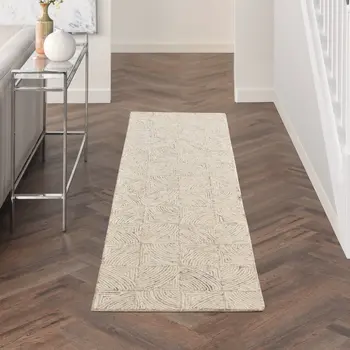 8' Ivory Tan and Gray Wool Geometric Runner Rug