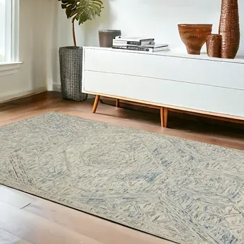 4' X 6' Tan and Blue Wool Geometric Area Rug