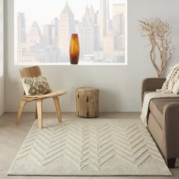 5' X 8' Ivory and Gray Wool Chevron Area Rug