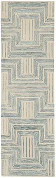 8' Ivory and Turquoise Wool Geometric Runner Rug
