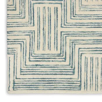 8' Ivory and Turquoise Wool Geometric Runner Rug