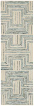 8' Ivory and Turquoise Wool Geometric Runner Rug