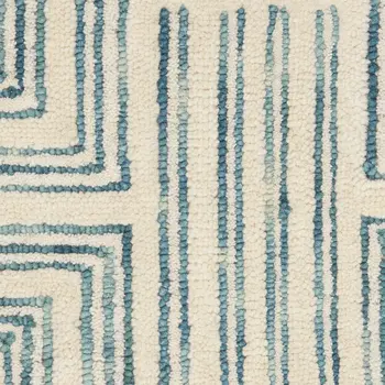 8' Ivory and Turquoise Wool Geometric Runner Rug