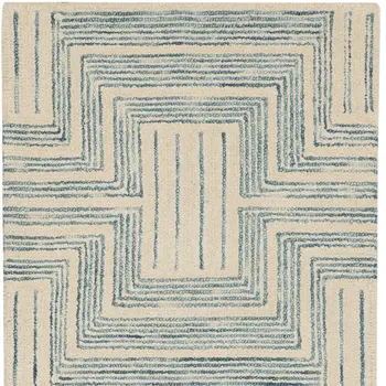 8' Ivory and Turquoise Wool Geometric Runner Rug