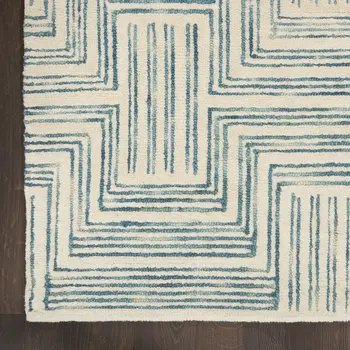 8' Ivory and Turquoise Wool Geometric Runner Rug