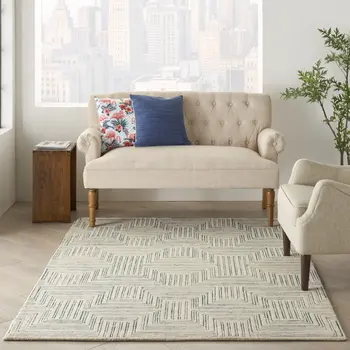 4' X 6' Ivory And Turquoise Wool Geometric Area Rug