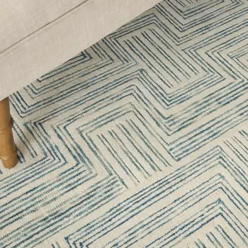 4' X 6' Ivory And Turquoise Wool Geometric Area Rug