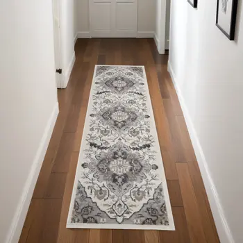 8' Ivory Black and Gray Floral Medallion Non Skid Runner Rug