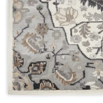 8' Ivory Black and Gray Floral Medallion Non Skid Runner Rug