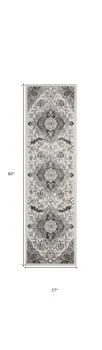 8' Ivory Black and Gray Floral Medallion Non Skid Runner Rug