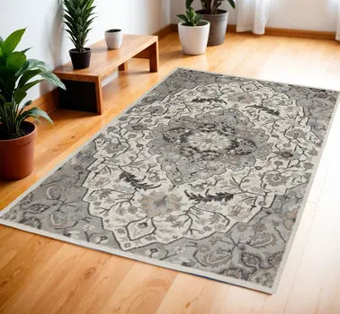 4' X 6' Ivory Black and Gray Floral Medallion Non Skid Area Rug