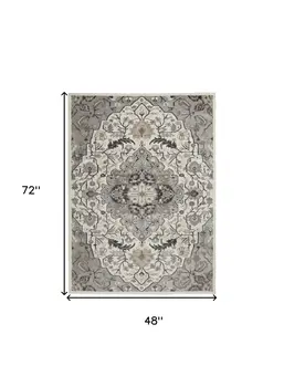 4' X 6' Ivory Black and Gray Floral Medallion Non Skid Area Rug