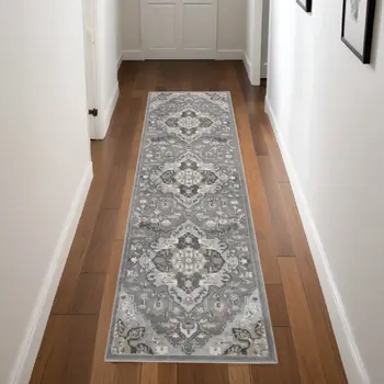 8' Ivory Black and Gray Floral Medallion Non Skid Runner Rug