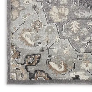 8' Ivory Black and Gray Floral Medallion Non Skid Runner Rug