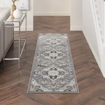 8' Ivory Black and Gray Floral Medallion Non Skid Runner Rug