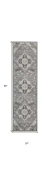 8' Ivory Black and Gray Floral Medallion Non Skid Runner Rug