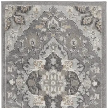 8' Ivory Black and Gray Floral Medallion Non Skid Runner Rug