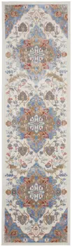8' Ivory Tan and Blue Floral Medallion Non Skid Runner Rug