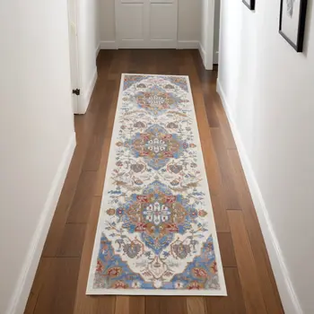 8' Ivory Tan and Blue Floral Medallion Non Skid Runner Rug