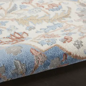 8' Ivory Tan and Blue Floral Medallion Non Skid Runner Rug