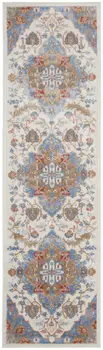 8' Ivory Tan and Blue Floral Medallion Non Skid Runner Rug