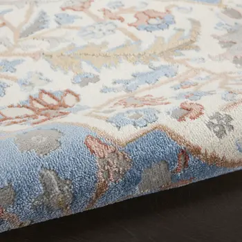8' Ivory Tan and Blue Floral Medallion Non Skid Runner Rug
