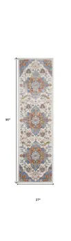 8' Ivory Tan and Blue Floral Medallion Non Skid Runner Rug