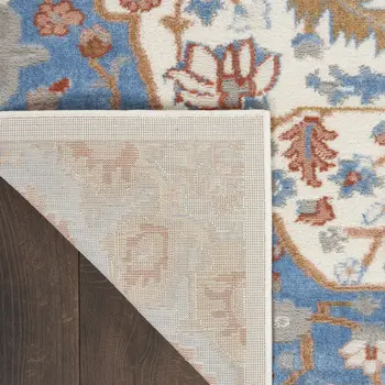 8' Ivory Tan and Blue Floral Medallion Non Skid Runner Rug