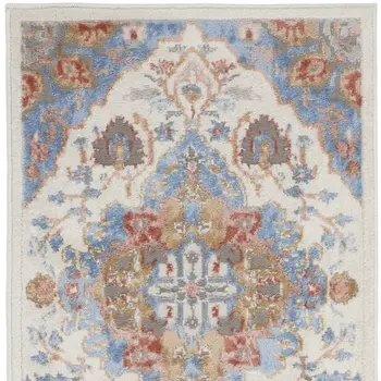 8' Ivory Tan and Blue Floral Medallion Non Skid Runner Rug