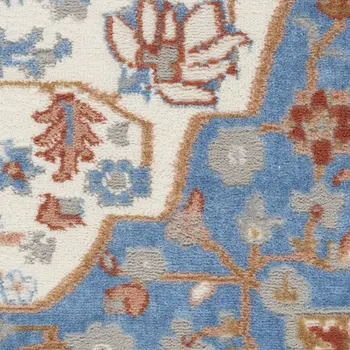 4' X 6' Ivory Tan and Blue Floral Medallion Non Skid Area Rug