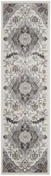 6' Ivory Black and Gray Floral Medallion Non Skid Runner Rug
