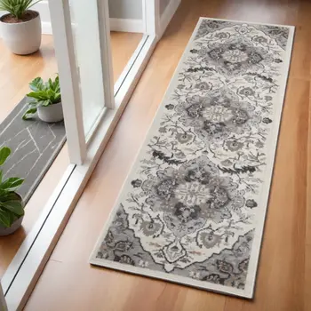 6' Ivory Black and Gray Floral Medallion Non Skid Runner Rug