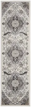 6' Ivory Black and Gray Floral Medallion Non Skid Runner Rug