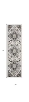 6' Ivory Black and Gray Floral Medallion Non Skid Runner Rug