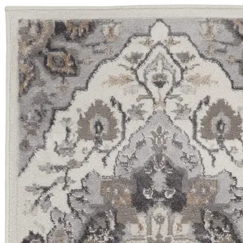6' Ivory Black and Gray Floral Medallion Non Skid Runner Rug