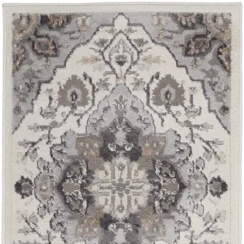 6' Ivory Black and Gray Floral Medallion Non Skid Runner Rug
