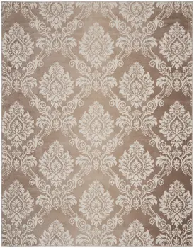 9' X 12' Ivory and Brown Damask Distressed Non Skid Area Rug