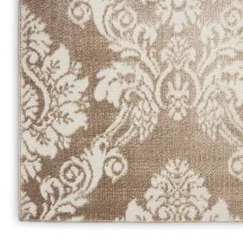 9' X 12' Ivory and Brown Damask Distressed Non Skid Area Rug