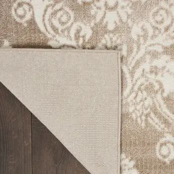 9' X 12' Ivory and Brown Damask Distressed Non Skid Area Rug
