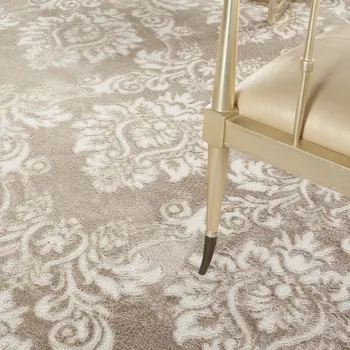 9' X 12' Ivory and Brown Damask Distressed Non Skid Area Rug