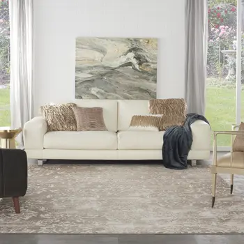 9' X 12' Ivory and Brown Damask Distressed Non Skid Area Rug