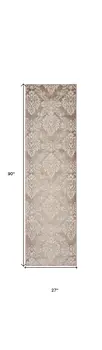 8' Ivory and Brown Damask Distressed Non Skid Runner Rug
