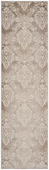 8' Ivory and Brown Damask Distressed Non Skid Runner Rug