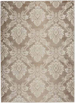 4' X 6' Ivory and Brown Damask Distressed Non Skid Area Rug