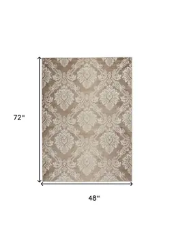 4' X 6' Ivory and Brown Damask Distressed Non Skid Area Rug