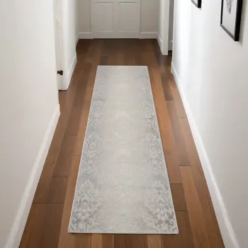 8' Gray and Ivory Damask Distressed Non Skid Runner Rug