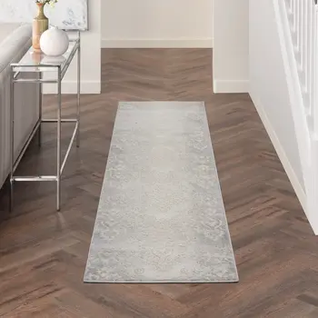 8' Gray and Ivory Damask Distressed Non Skid Runner Rug