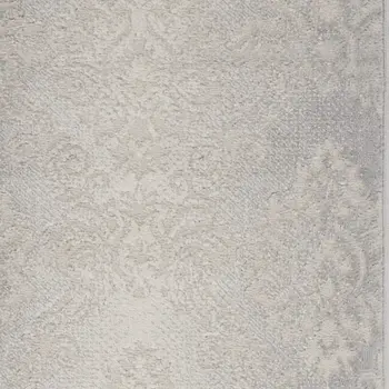 8' Gray and Ivory Damask Distressed Non Skid Runner Rug