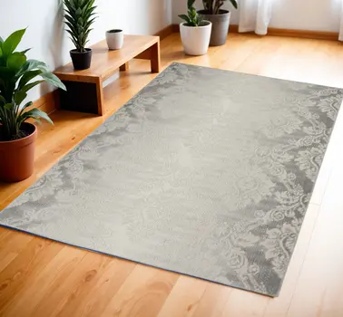 4' X 6' Gray and Ivory Damask Distressed Non Skid Area Rug