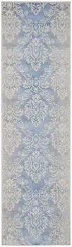 8' Blue and Ivory Damask Distressed Non Skid Runner Rug